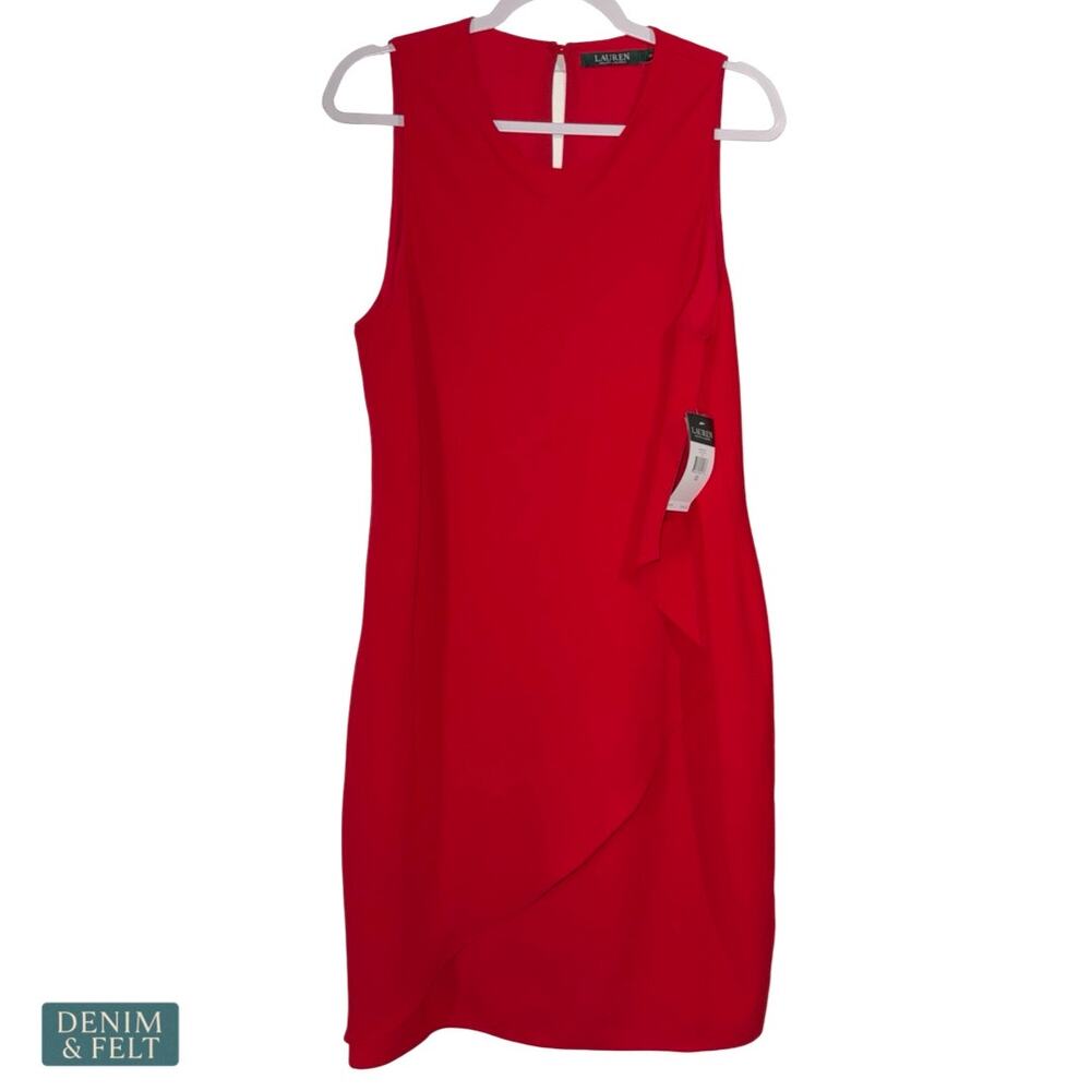 NEW Lauren Ralph Lauren Red Sheath Dress Size 12 Ruffle Cocktail Holiday Elegant